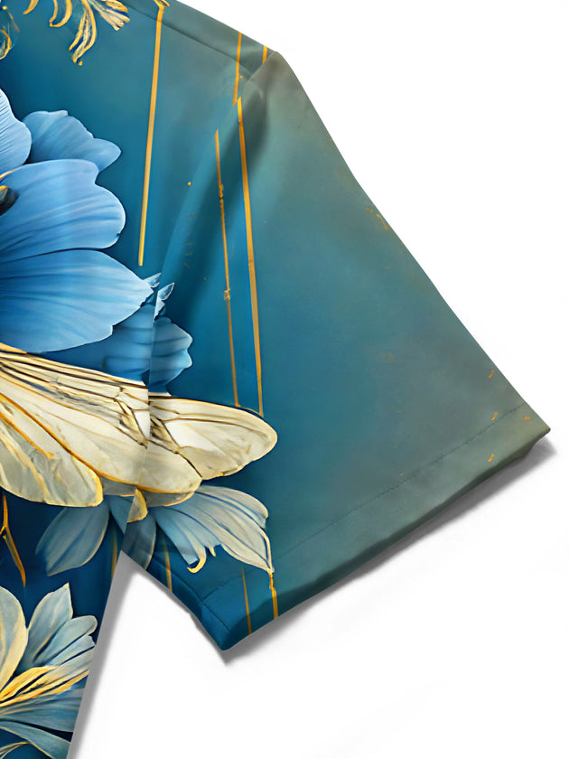Retro Art Gilded Bee Blue & Golden Flower Men's Pocket Short Sleeve Shirts