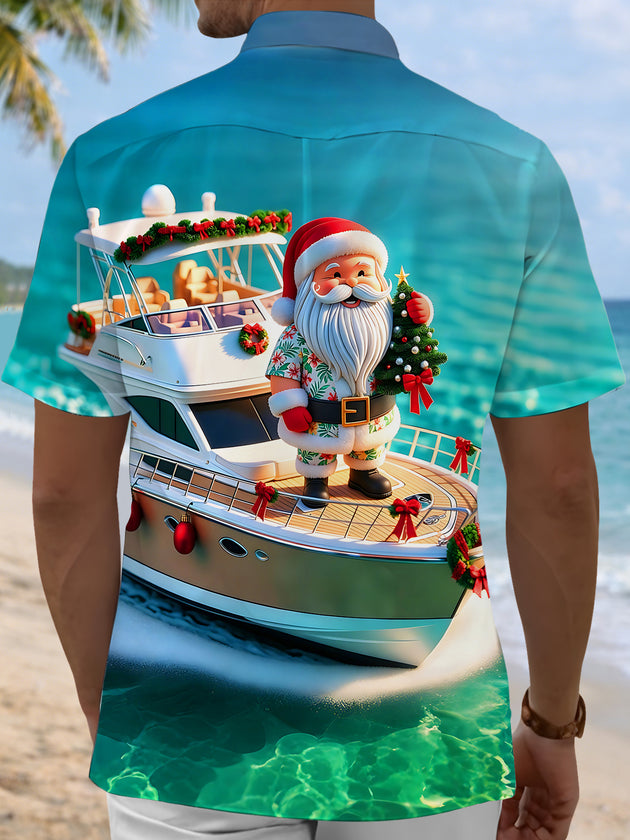 Fun Summer Christmas Yacht Vacation Santa Claus Men's Pocket Short Sleeve Shirts