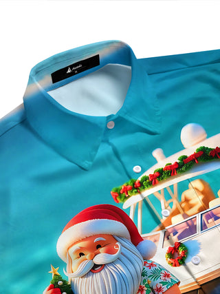 Fun Summer Christmas Yacht Vacation Santa Claus Men's Pocket Short Sleeve Shirts