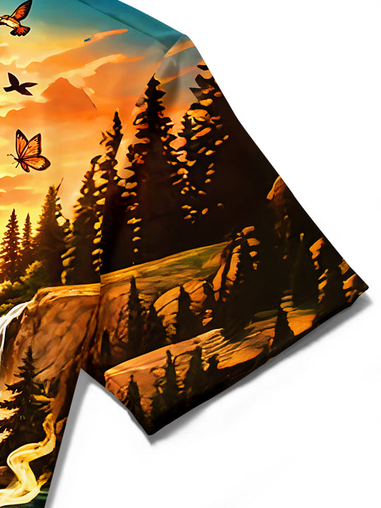Fun Hippie Camping Forest Sunset Men's Pocket Short Sleeve Shirts