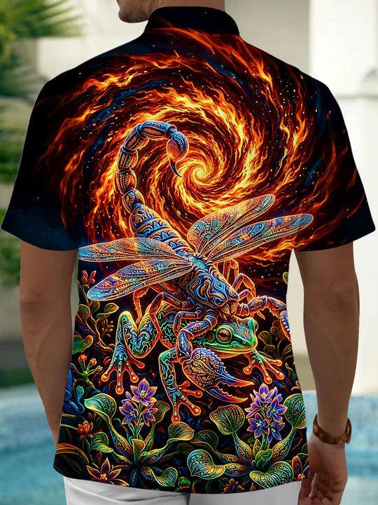 Dark Scorpion Frog Tribe Flame Pattern Men's Pocket Short Sleeve Shirts