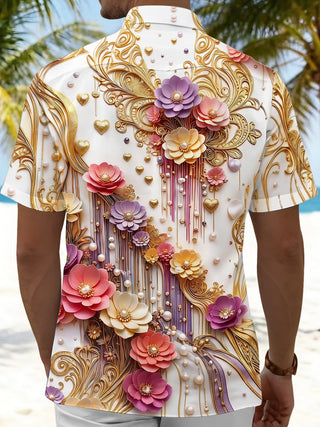 Art 3D Luxury Flower Pearl Men's Pocket Short Sleeve Shirts