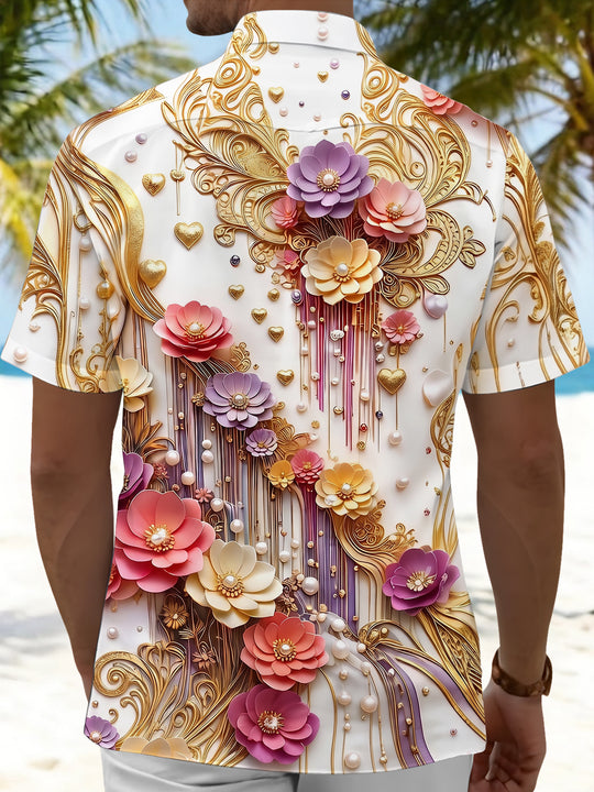 Art 3D Luxury Flower Pearl Men's Pocket Short Sleeve Shirts