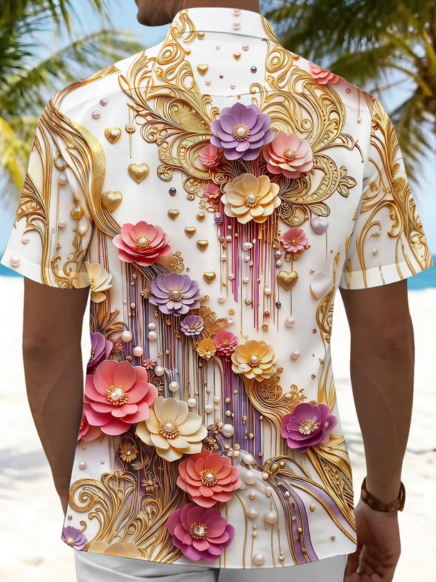 Art 3D Luxury Flower Pearl Men's Pocket Short Sleeve Shirts