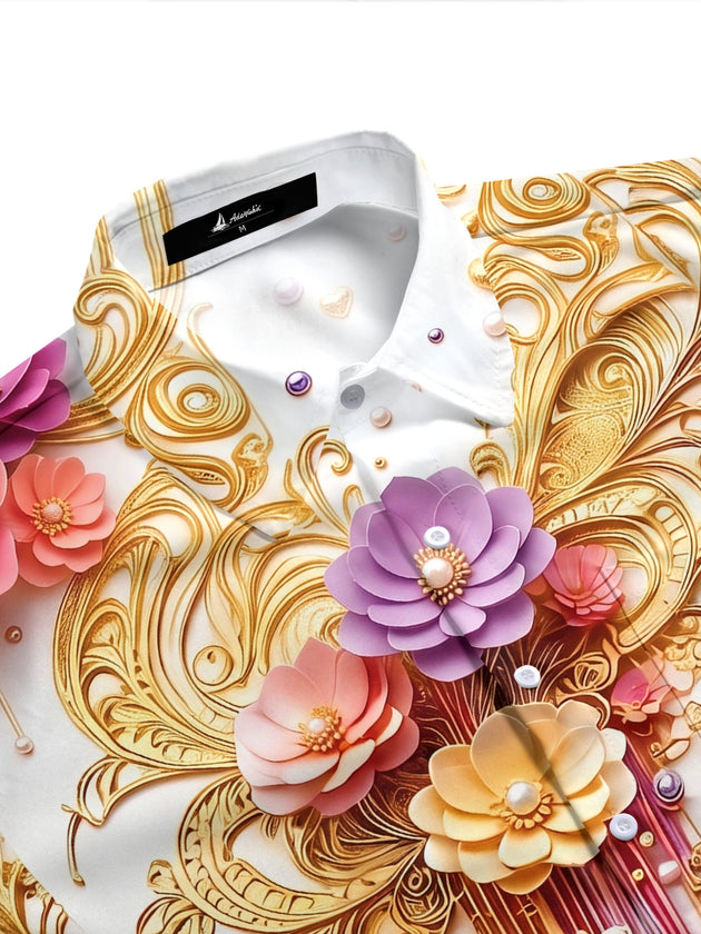 Art 3D Luxury Flower Pearl Men's Pocket Short Sleeve Shirts