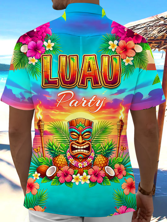 Hawaiian Luau Party Tiki Totem Hibiscus Flower Men's Pocket Short Sleeve Shirts