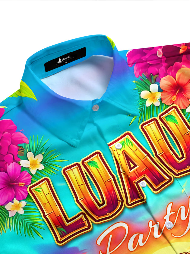 Hawaiian Luau Party Tiki Totem Hibiscus Flower Men's Pocket Short Sleeve Shirts