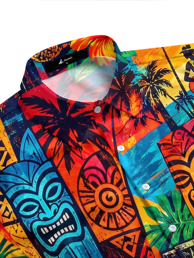 Vintage Hawaiian Tiki Totem Surf Hibiscus Men's Pocket Short Sleeve Shirts