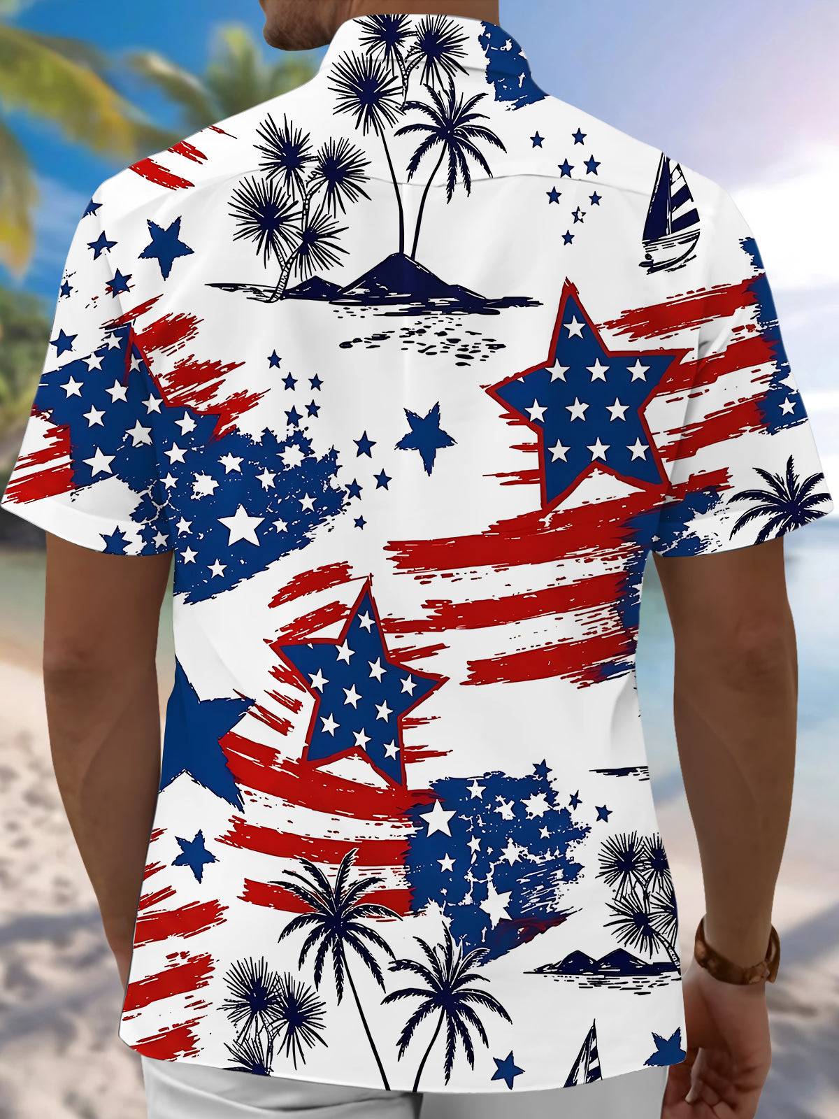 Independence Day American Flag Star Palm Tree Men's Pocket Short Sleeve Shirts