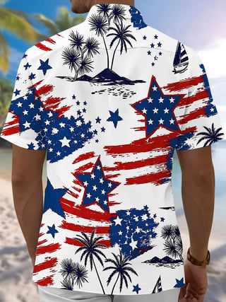 Independence Day American Flag Star Palm Tree Men's Pocket Short Sleeve Shirts