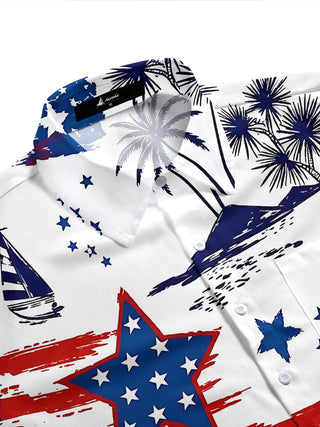 Independence Day American Flag Star Palm Tree Men's Pocket Short Sleeve Shirts