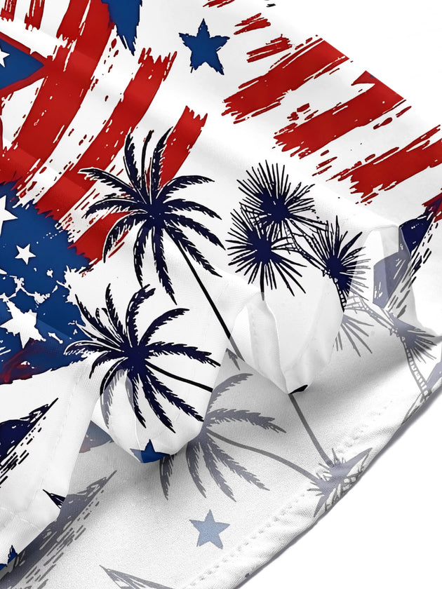 Independence Day American Flag Star Palm Tree Men's Pocket Short Sleeve Shirts