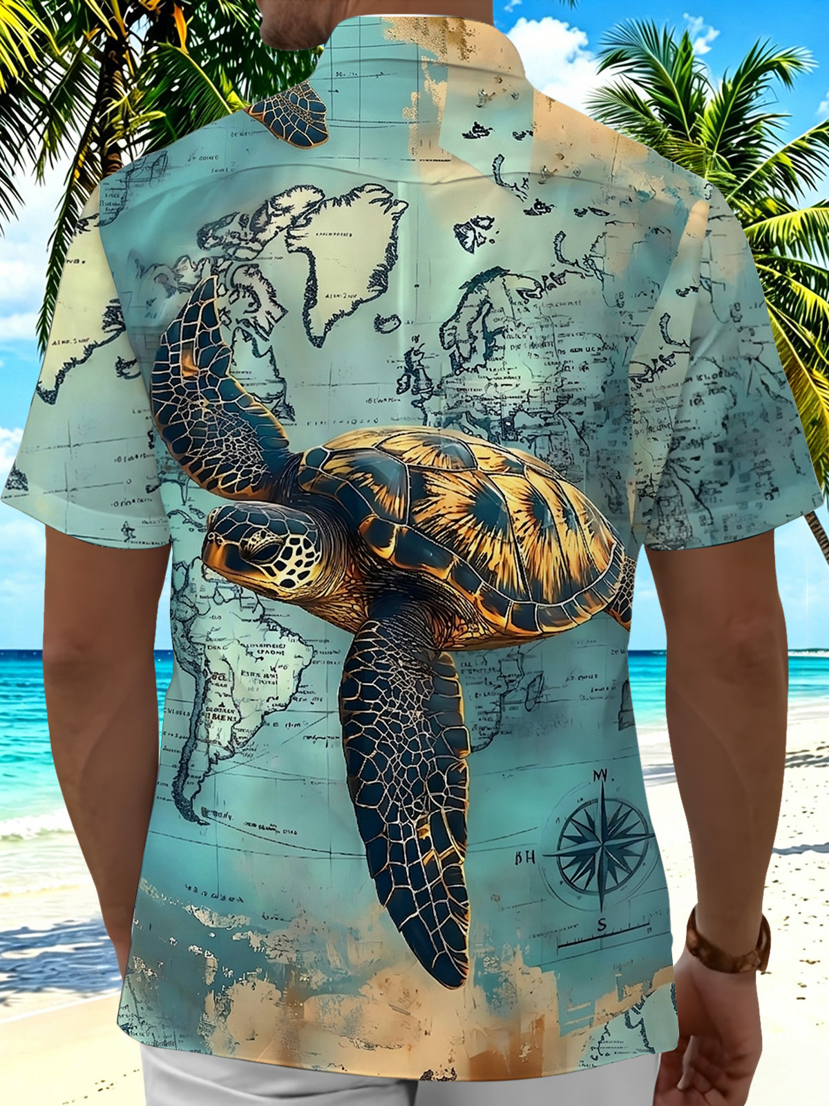 Vintage World Map Turtle Men's Pocket Short Sleeve Shirts