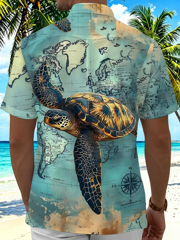 Vintage World Map Turtle Men's Pocket Short Sleeve Shirts