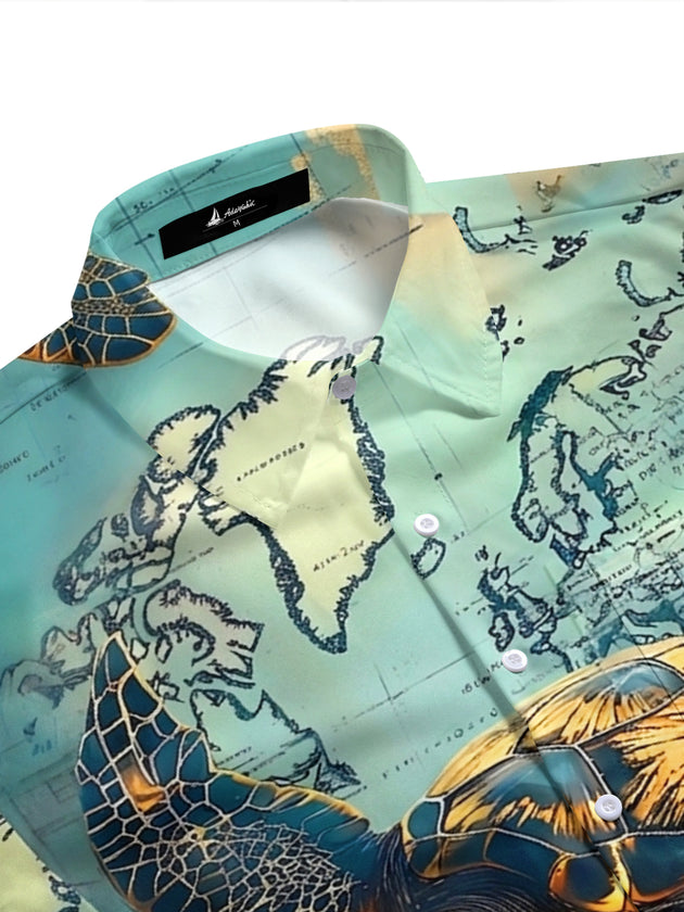 Vintage World Map Turtle Men's Pocket Short Sleeve Shirts