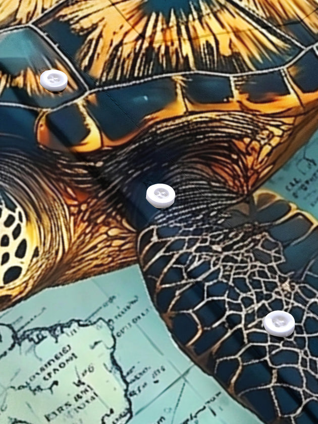 Vintage World Map Turtle Men's Pocket Short Sleeve Shirts