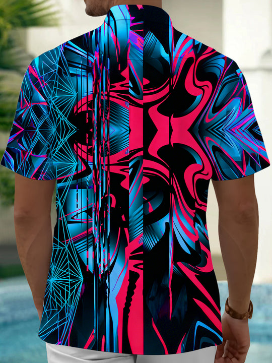 Red And Blue Abstract Geometric Line Art Men's Pocket Short Sleeve Shirts