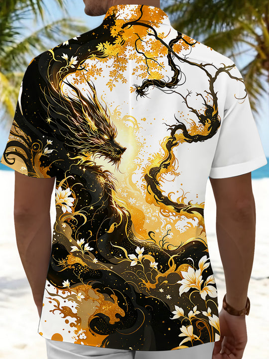 Art Gilded Black Golden Dragon Pattern Flower Men's Pocket Short Sleeve Shirts