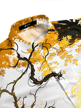 Art Gilded Black Golden Dragon Pattern Flower Men's Pocket Short Sleeve Shirts