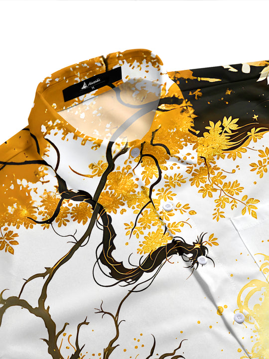 Art Gilded Black Golden Dragon Pattern Flower Men's Pocket Short Sleeve Shirts