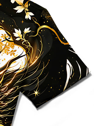 Art Gilded Black Golden Dragon Pattern Flower Men's Pocket Short Sleeve Shirts