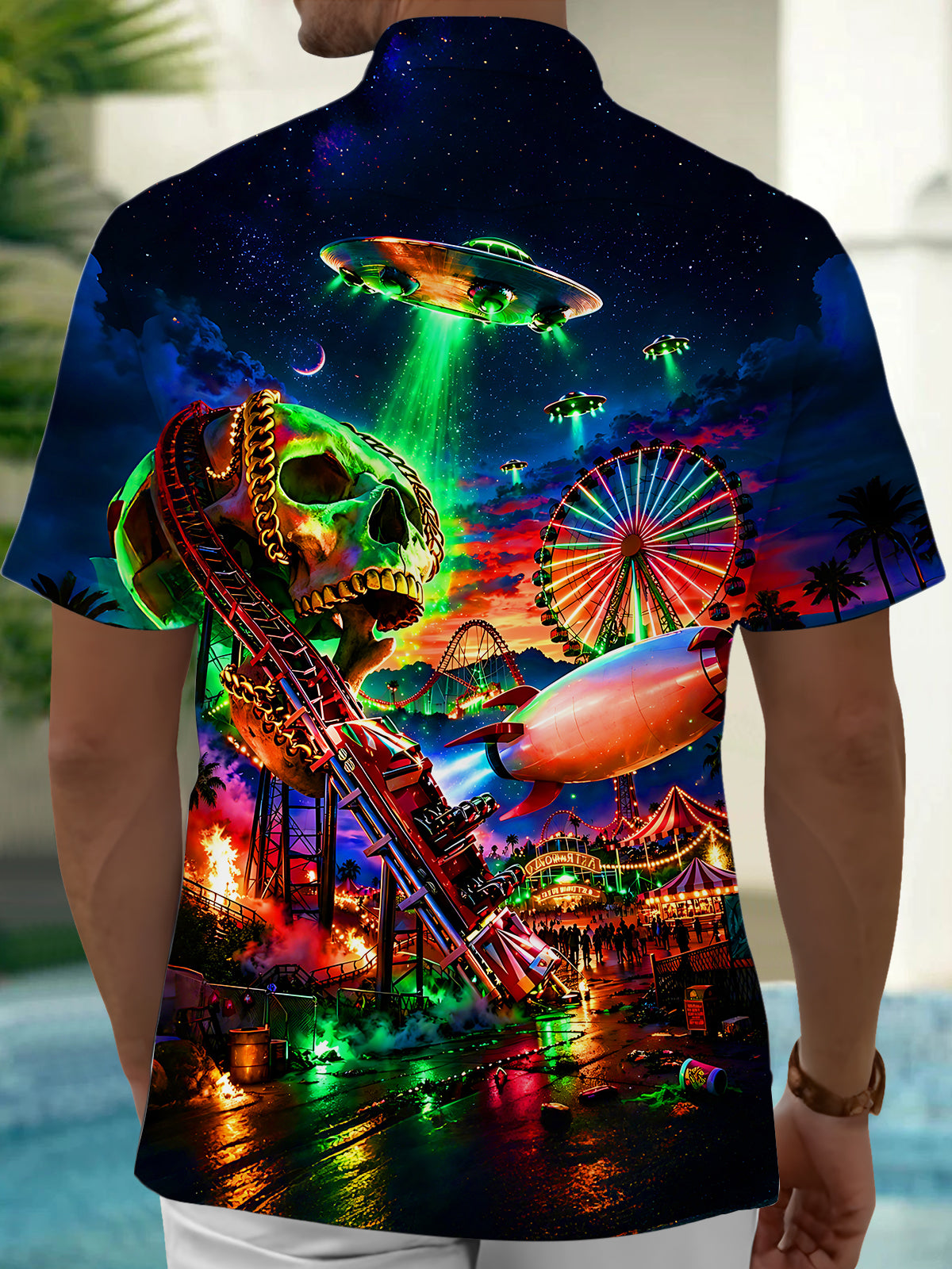 Dark Retro Carnival Skull UFO Night Scene Men's Pocket Short Sleeve Shirts