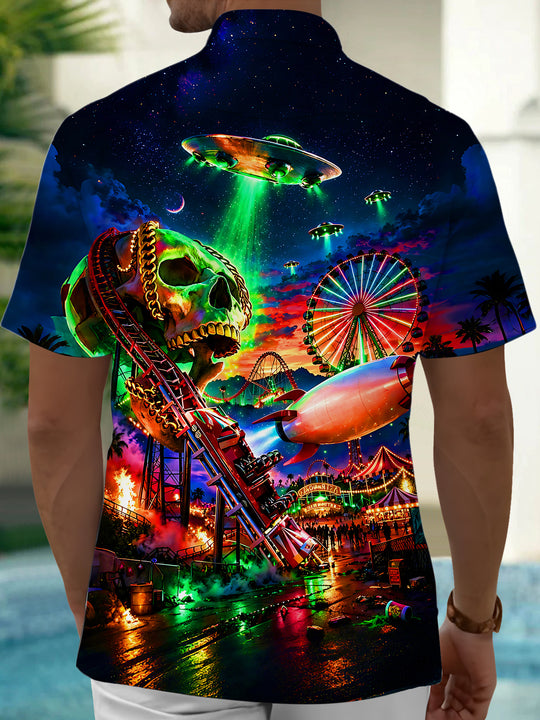 Dark Retro Carnival Skull UFO Night Scene Men's Pocket Short Sleeve Shirts
