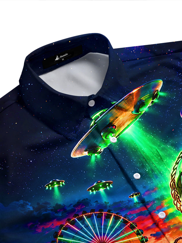 Dark Retro Carnival Skull UFO Night Scene Men's Pocket Short Sleeve Shirts