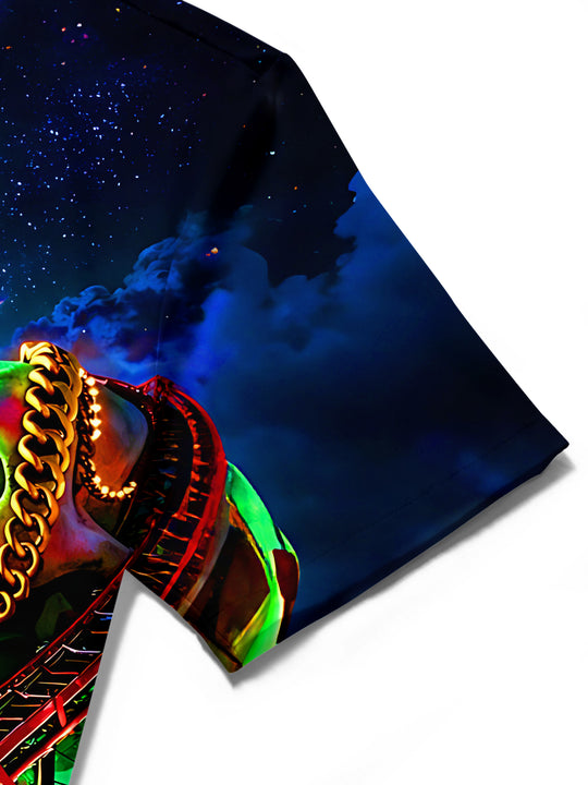 Dark Retro Carnival Skull UFO Night Scene Men's Pocket Short Sleeve Shirts