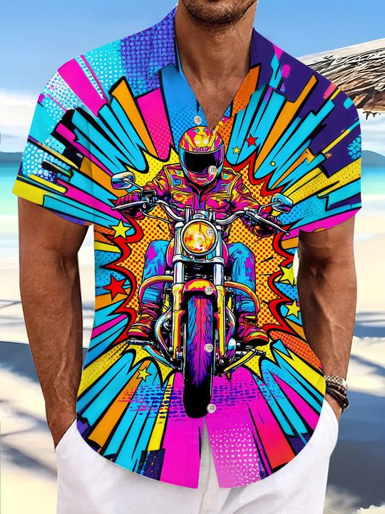 Motorcyclist Pop Art Print Men's Pocket Short Sleeve Shirts