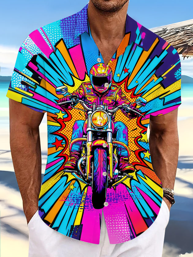 Motorcyclist Pop Art Print Men's Pocket Short Sleeve Shirts