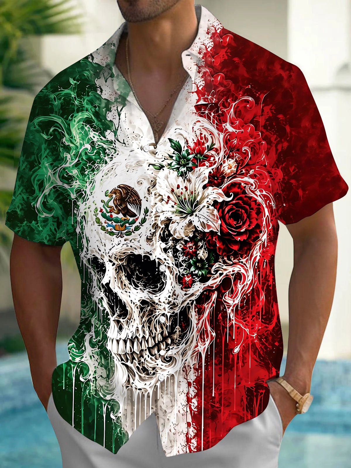 Skull Hawaiian Print Men's Pocket Short Sleeve Shirts