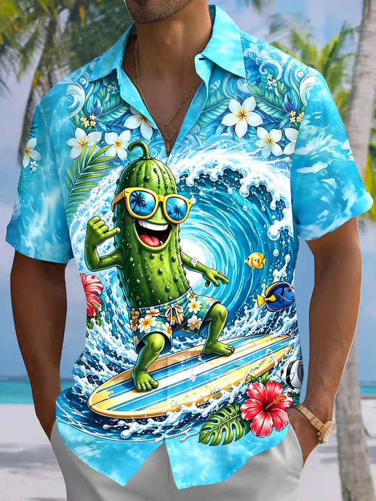 Hawaiian Cucumber Surfing Men's Pocket Short Sleeve Shirts