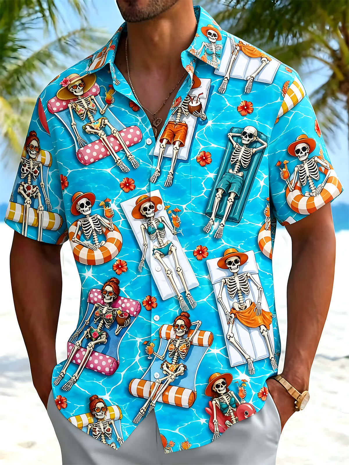 Funny Vacation Skull Hawaiian Print Men's Pocket Short Sleeve Shirts
