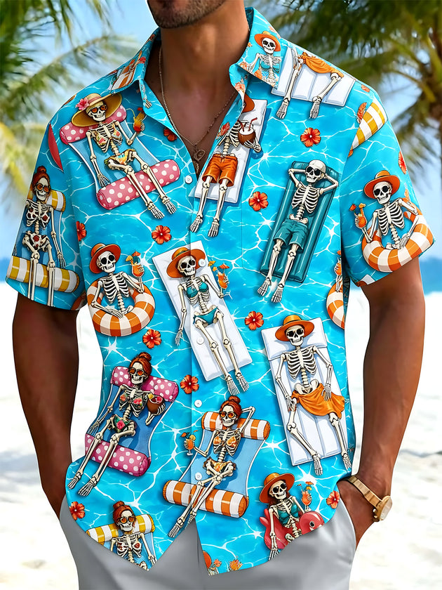 Funny Vacation Skull Hawaiian Print Men's Pocket Short Sleeve Shirts