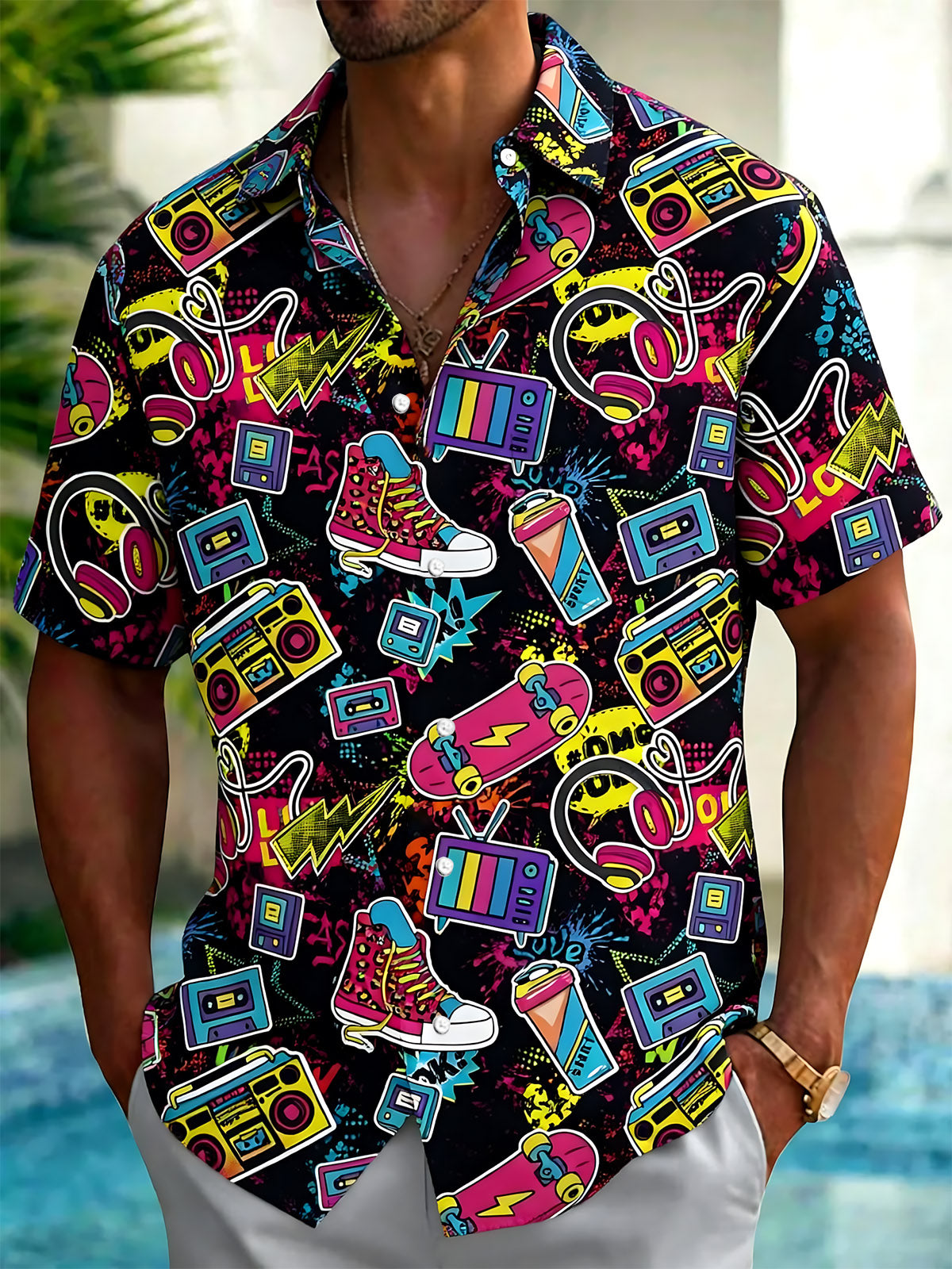 Retro 80s Pop Art Print Men's Pocket Short Sleeve Shirts