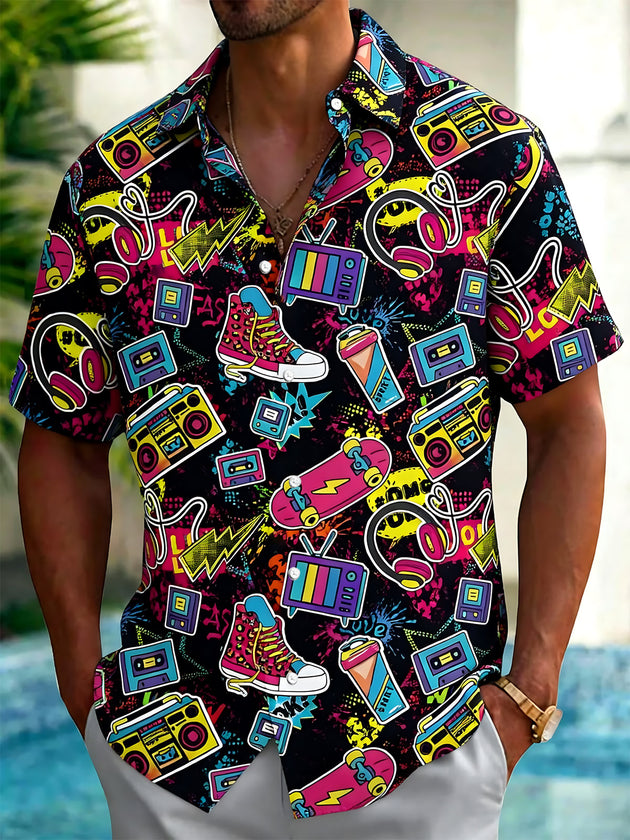 Retro 80s Pop Art Print Men's Pocket Short Sleeve Shirts