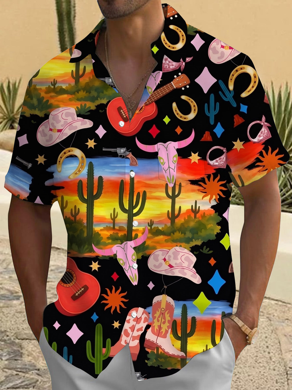 Western Cowboy Print Men's Pocket Short Sleeve Shirts
