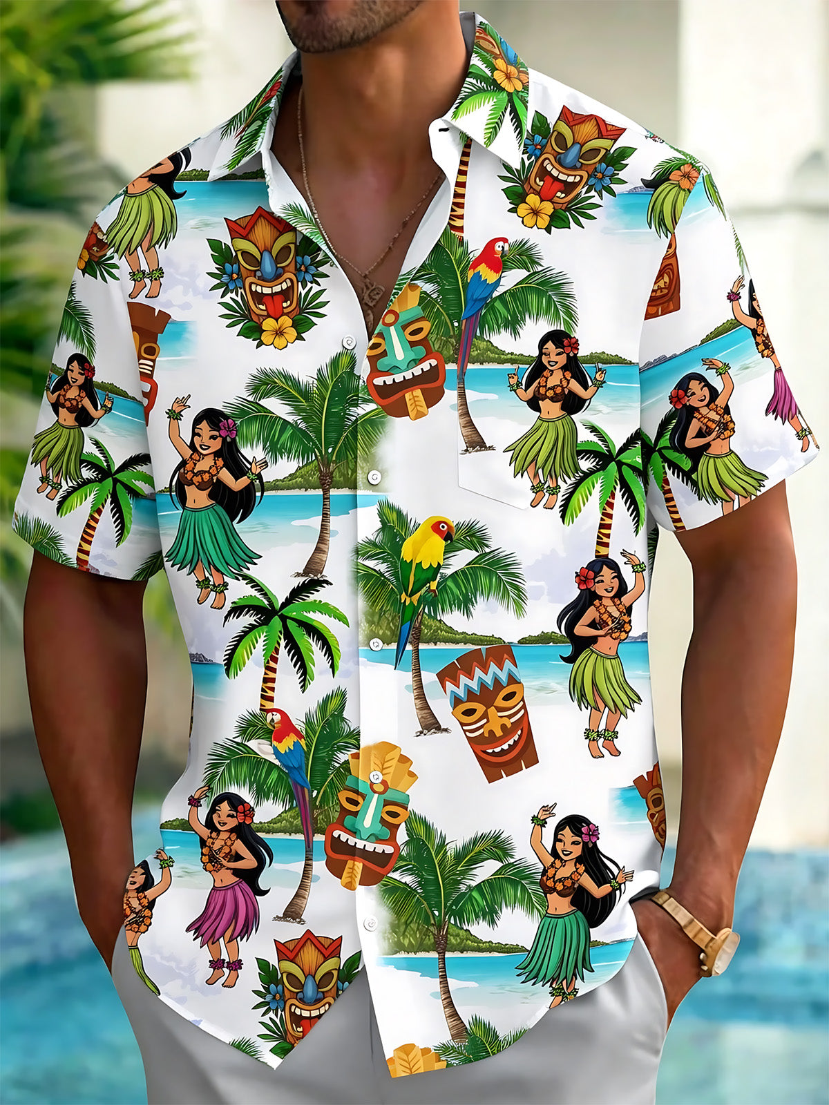 Hawaiian Hula Girl Tiki Print Men's Pocket Short Sleeve Shirts