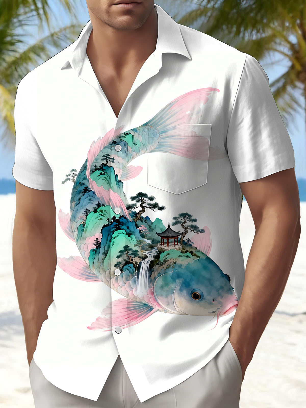 Koi Landscape Print Men's Pocket Short Sleeve Shirts