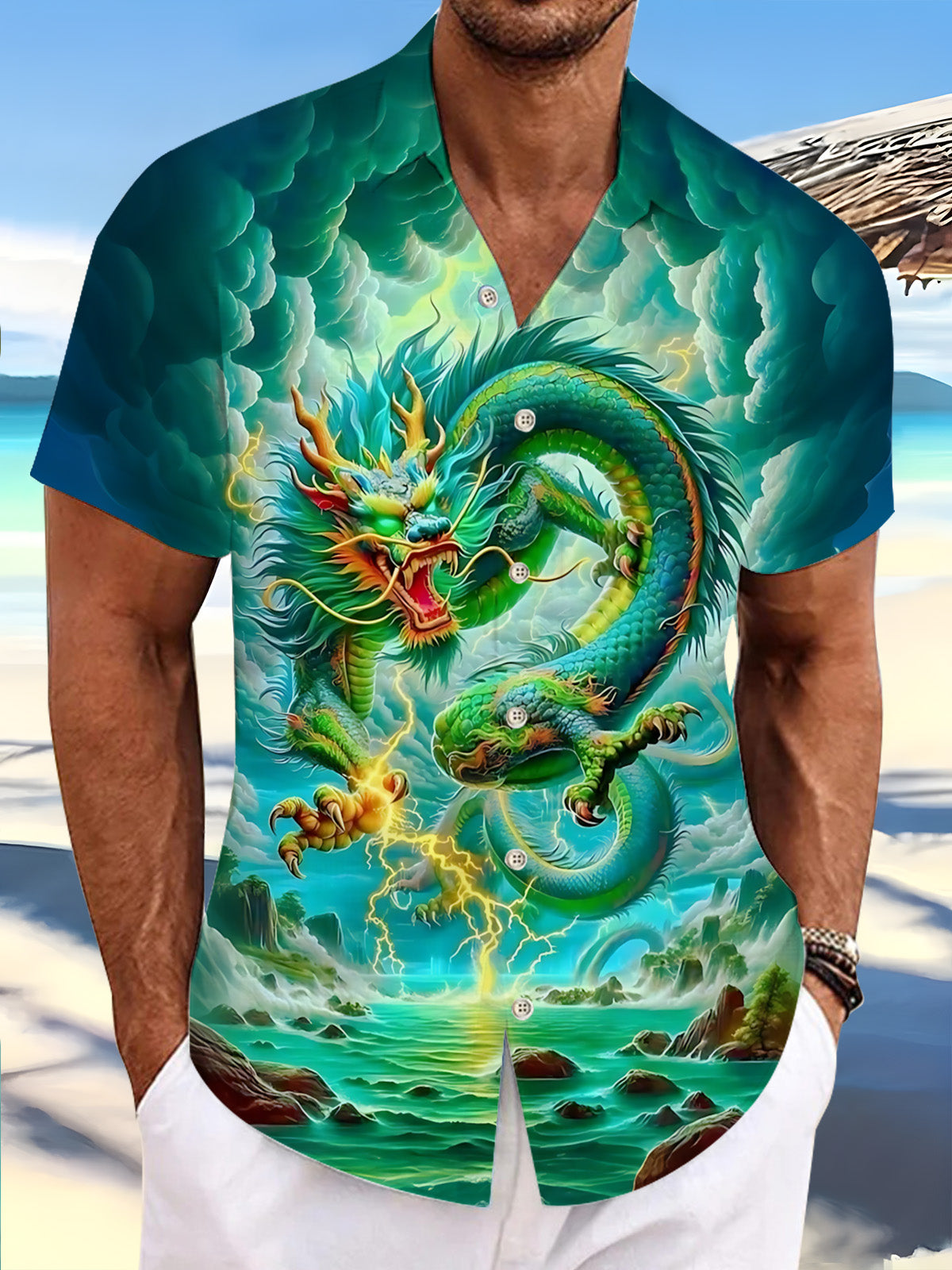 Dragon Print Men's Pocket Short Sleeve Shirts