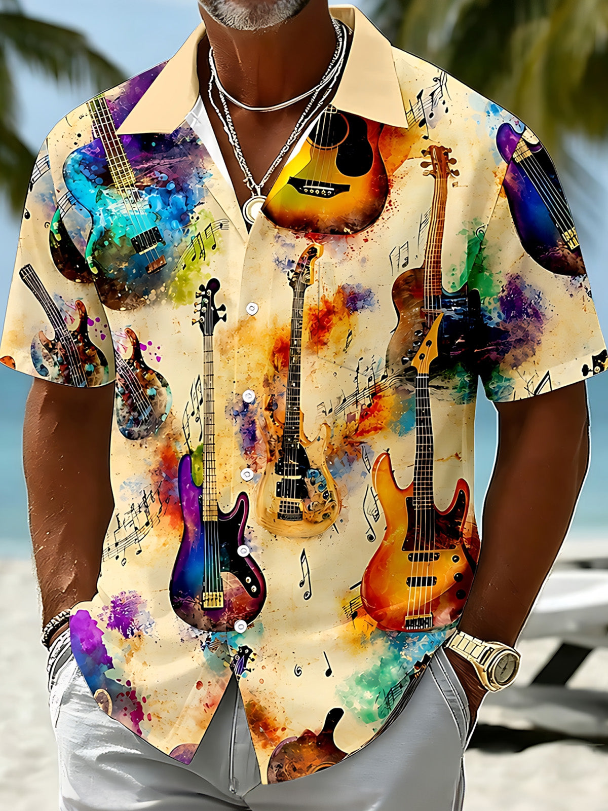 Guitar Print Men's Pocket Short Sleeve Shirts