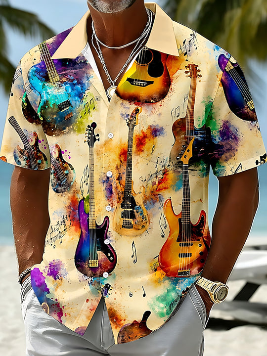 Guitar Print Men's Pocket Short Sleeve Shirts