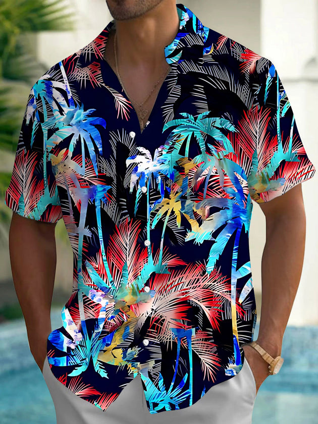 Colorful Palm Tree Print Men's Pocket Short Sleeve Shirts