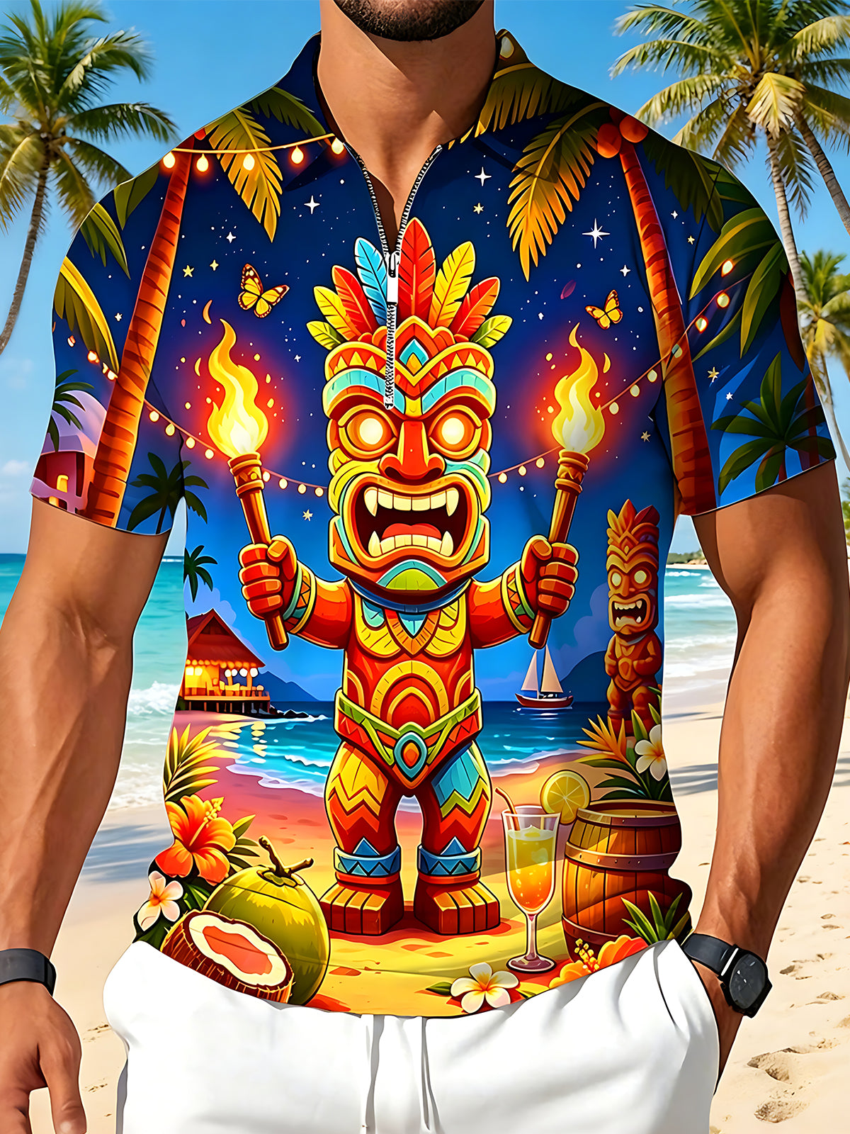 Fun Hawaiian Tiki Statue Torch Island Men's Short Sleeve Zipper Polo