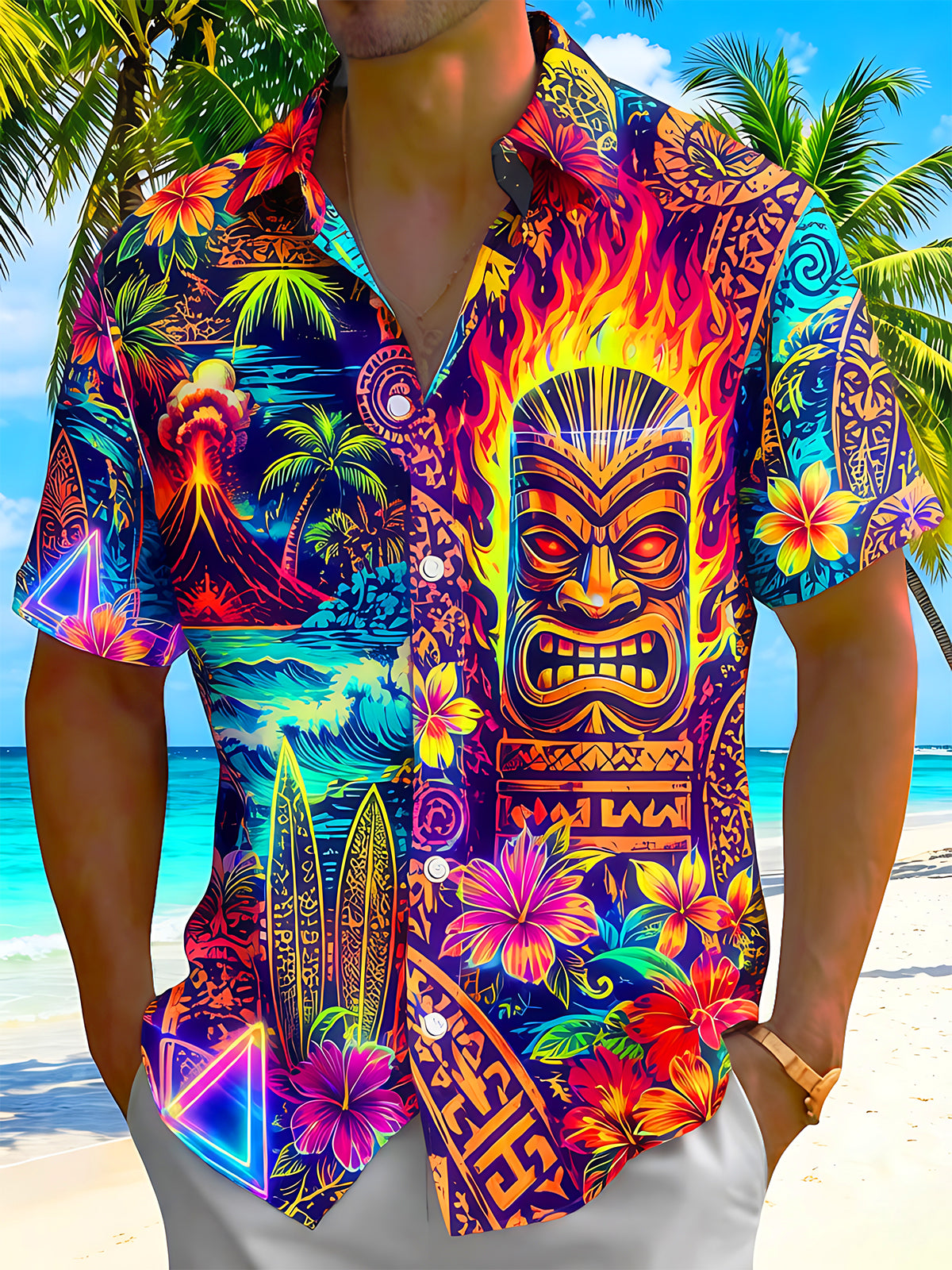 Fun Hawaiian Flame Volcano Surfboard Tiki Beach Men's Pocket Short Sleeve Shirts