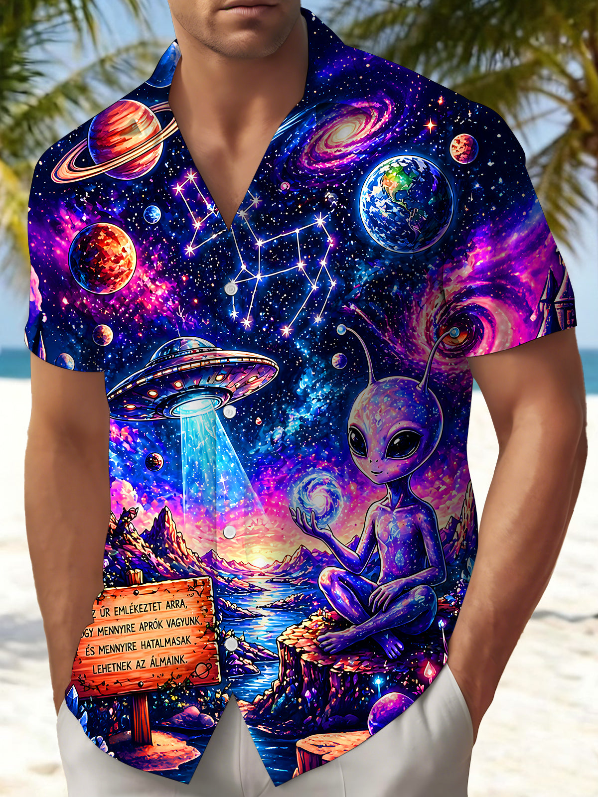 Dark Colorful Alien UFO Cosmic Starry Sky Men's Pocket Short Sleeve Shirts