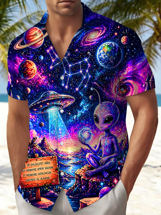 Dark Colorful Alien UFO Cosmic Starry Sky Men's Pocket Short Sleeve Shirts