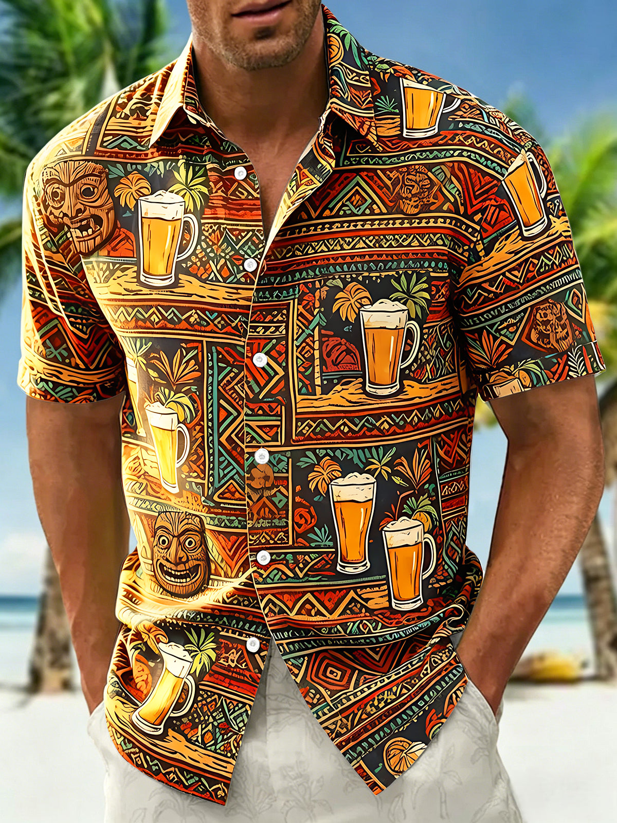 Tribal Tiki Beer Mug Vintage Hawaiian Men's Pocket Short Sleeve Shirts
