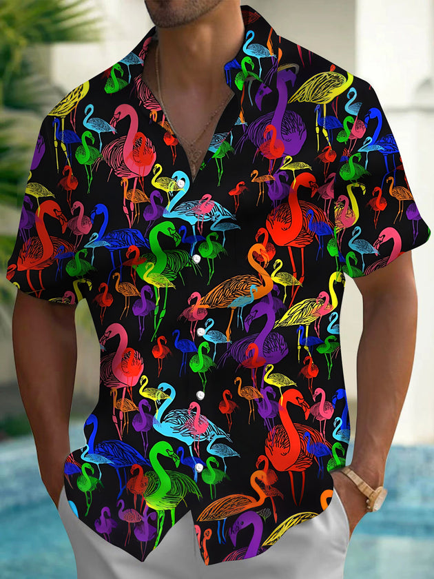 Colorful Flamingo Print Men's Pocket Short Sleeve Shirts